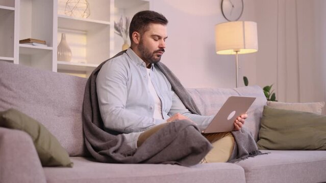 ad mature man talk with psychotherapist at online distance remote counselling session indoors Depressed male discussing problem with psychological support by laptop computer at home