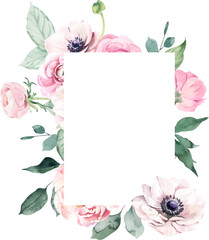 Watercolor Frame with Peonies, Ranunculus  and Anemones
