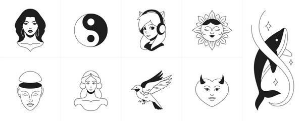 Retro groovy tattoo monochrome cartoon characters and elements trendy line icon set vector
