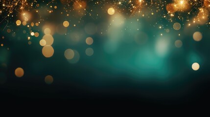 Abstract particle dark green and glow glitter wave and light bokeh background.
