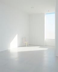 An empty white room with a window and a chair, shadows from the light for product presentation, background for your photos, overlay