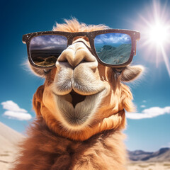 portrait of a camel on a beach wearing sunglasses. Generative AI.