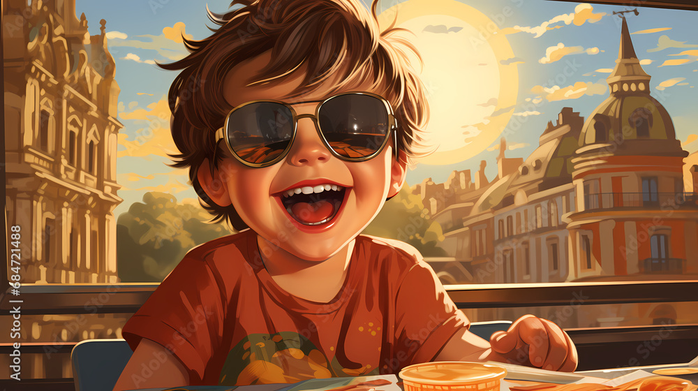 Wall mural Boy eats food, delicious meal and joy