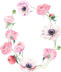 Watercolor Oval Shaped Wreath with Ranunculus and Anemones