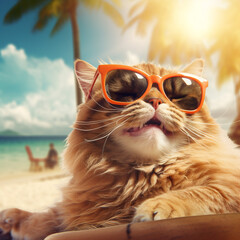 portrait of a cat on a beach wearing sunglasses. Generative AI.