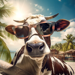 portrait of a cow on a beach wearing sunglasses. Generative AI.