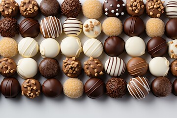 A variety of chocolates laid out on a table, showcasing different flavors, shapes, and colors.