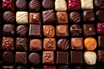 assorted chocolate pralines, chunks of chocolate Assorted chocolate candies