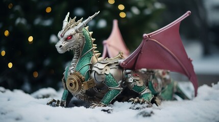 The Asian symbol of 2024. Stylish Christmas card - cartoon modern green dragon with pink wings next to gifts, falling snow and trees