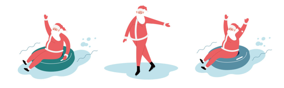 Modern flat vector illustration of cheerful Santa Claus on snow tubing sliding down on sloped holding, ice skating wearing red clothes, xmas activity on illustrative background