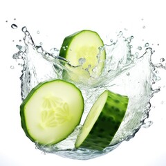An enticing image of a sliced cucumber submerging into the water, with a refreshing burst of splashes, on a blank white background