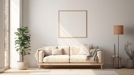 Fototapeta na wymiar Light minimalistic living room interior with blank picture frame mockup on the wall and sofa in the center