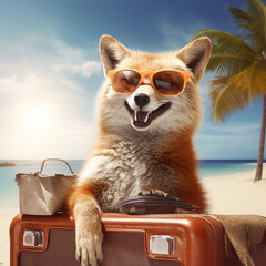 portrait of a fox on a beach wearing sunglasses. Generative AI.