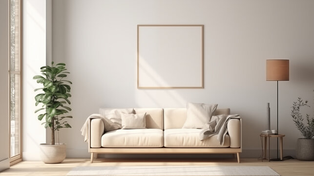 Light minimalistic living room interior with blank picture frame mockup on the wall and sofa in the center
