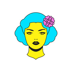 Woman portrait with flower hairstyle comic groovy style trendy icon vector flat illustration