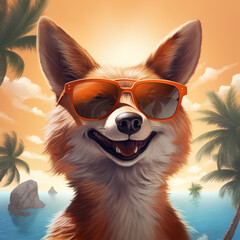 portrait of a fox on a beach wearing sunglasses. Generative AI.