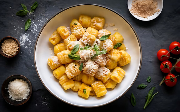 Capture the essence of Gnocchi in a mouthwatering food photography shot Generative AI