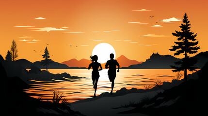 Happy young couple running so fast, illustration of beautiful sunny day sport outdoor