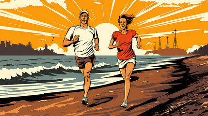 Obraz premium Happy young couple running so fast, illustration of beautiful sunny day sport outdoor