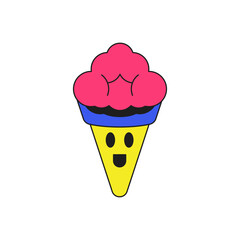 Y2k comic ice cream cone funky cartoon character groovy style icon vector flat illustration