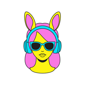 Y2k trendy woman rabbit ears in headphones and sunglasses groovy style icon vector flat illustration
