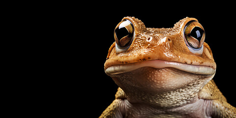 close up of a orange toad head portrait on black background with copy space frog amphibian
