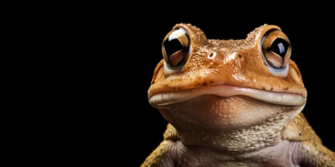 Foto auf Acrylglas close up of a orange toad head portrait on black background with copy space frog amphibian © mr_marcom