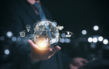 Man hand holding virtual Global Internet connection metaverse. Business global internet connection application technology and digital marketing, Financial and banking, Digital link tech, big data.