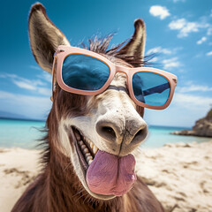 portrait of a donkey on a beach wearing sunglasses. Generative AI.