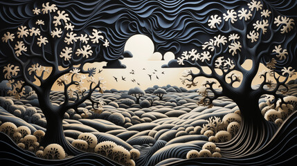 A surreal woodcut art landscape with trees, clouds and sea. Stylized.