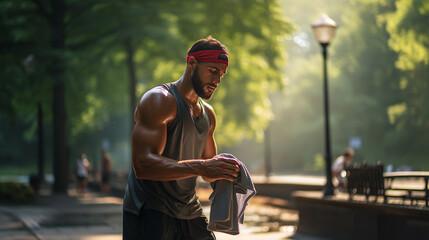 muscular and sweaty sports man in a park holding a towel