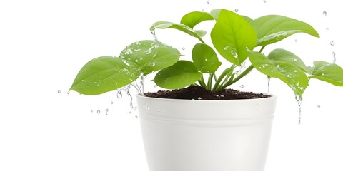 Water pouring on money plant with leaves in a pot on white background with copy space for text