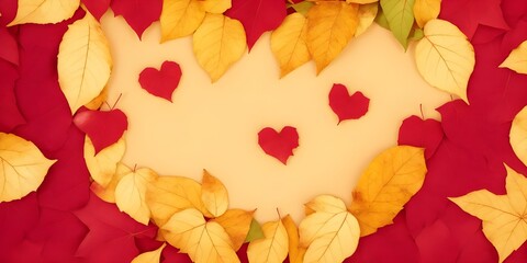 Colorful leaves and ornaments in border with heart shape, empty space in center on gold background 