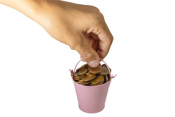 Hand holding a small bucket of coins on white background.PNG 