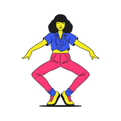 Fototapeta na wymiar Y2k funny woman dancing trendy cartoon character groovy style icon vector flat illustration