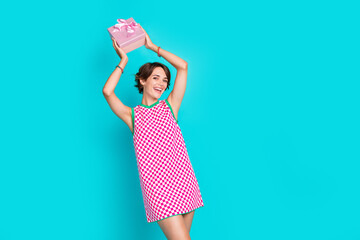 Photo of young funky lady raised hands wear plaid dress demonstrate she finally received her mail...