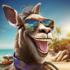 portrait of a donkey on a beach wearing sunglasses. Generative AI.