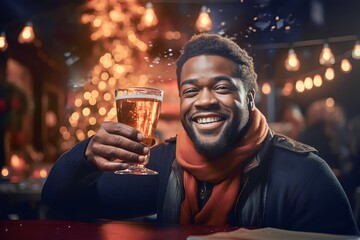 african man holding drink in the New Year - obrazy, fototapety, plakaty