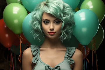Zielone Falowanie: Dziewczyna z wyrazistym makijażem i zielonymi włosami. Jej intensywne spojrzenie podkreśla indywidualność, a tło z kolorowymi balonami dodaje lekkości tej kompozycji. - obrazy, fototapety, plakaty