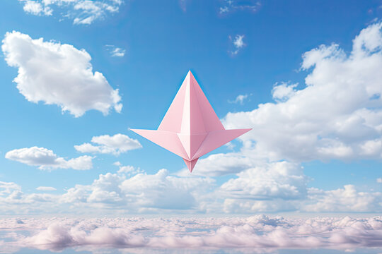 A pink kite flying through a blue cloudy sky created with generative AI technology