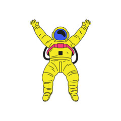 Y2k jumping astronaut in yellow spacesuit universe cosmos cartoon character groovy icon vector flat