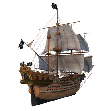 Old wooden pirate ship in full sail viewed from behind the stern. Isolated 3D rendering.
