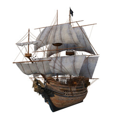 Old wooden pirate ship in full sail with a carved woman figurehead on the bow. Isolated 3D rendering.. - obrazy, fototapety, plakaty