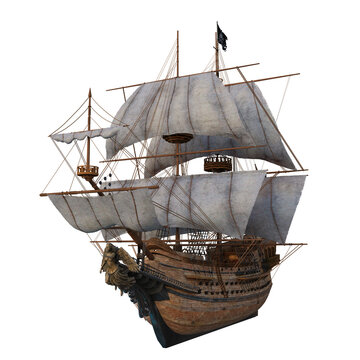 Old wooden pirate ship in full sail with a carved woman figurehead on the bow. Isolated 3D rendering..