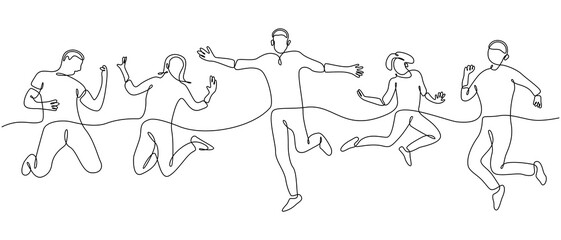 Fototapeta na wymiar Continuous line drawing of man and woman jumping