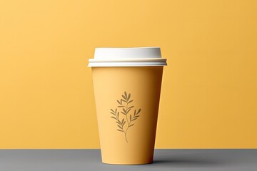 Elegant Minimalist Plant Design Takeaway Coffee Cup on Yellow Background