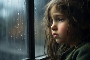 young abused girl crying at window