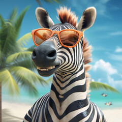 portrait of a zebra on a beach wearing sunglasses. Generative AI.