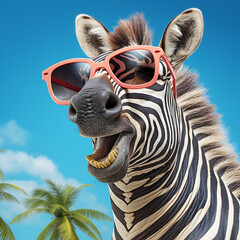 portrait of a zebra on a beach wearing sunglasses. Generative AI.