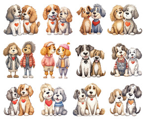 Watercolor Loving Dog Couples Set. Set of Romantic Dog Pairs Clipart. Animal Couple Concept. Hand Drawn Dog Couple Illustrations.